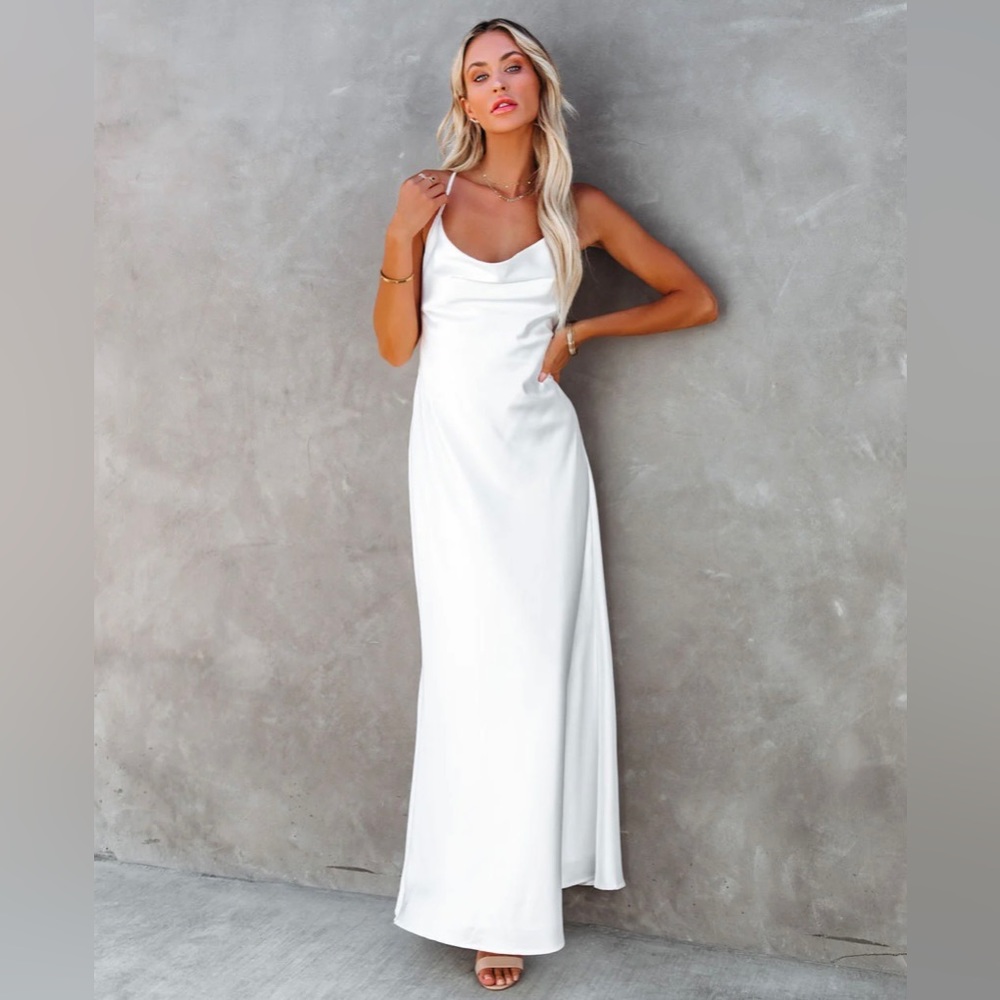 Love Letter Satin Cowl Neck Maxi Dress - Ivory, size S